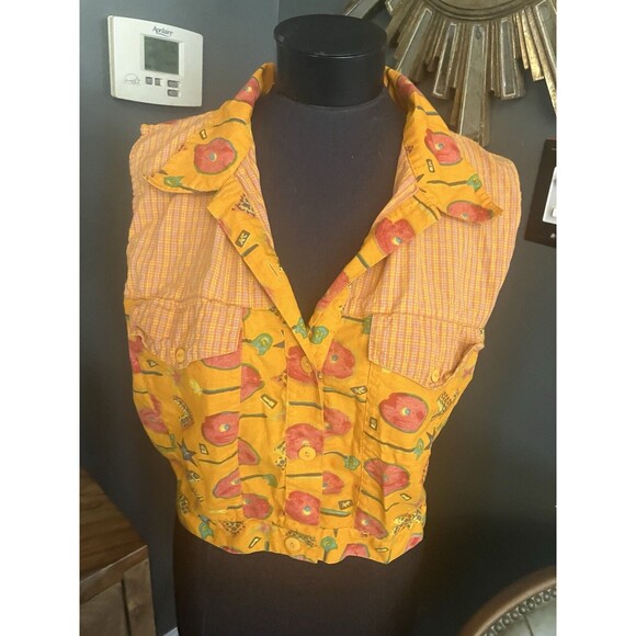 Vintage 80’s 90’s Passport Orange Floral Print Crop Top Shirt Jacket Vest Summer - Picture 3 of 5